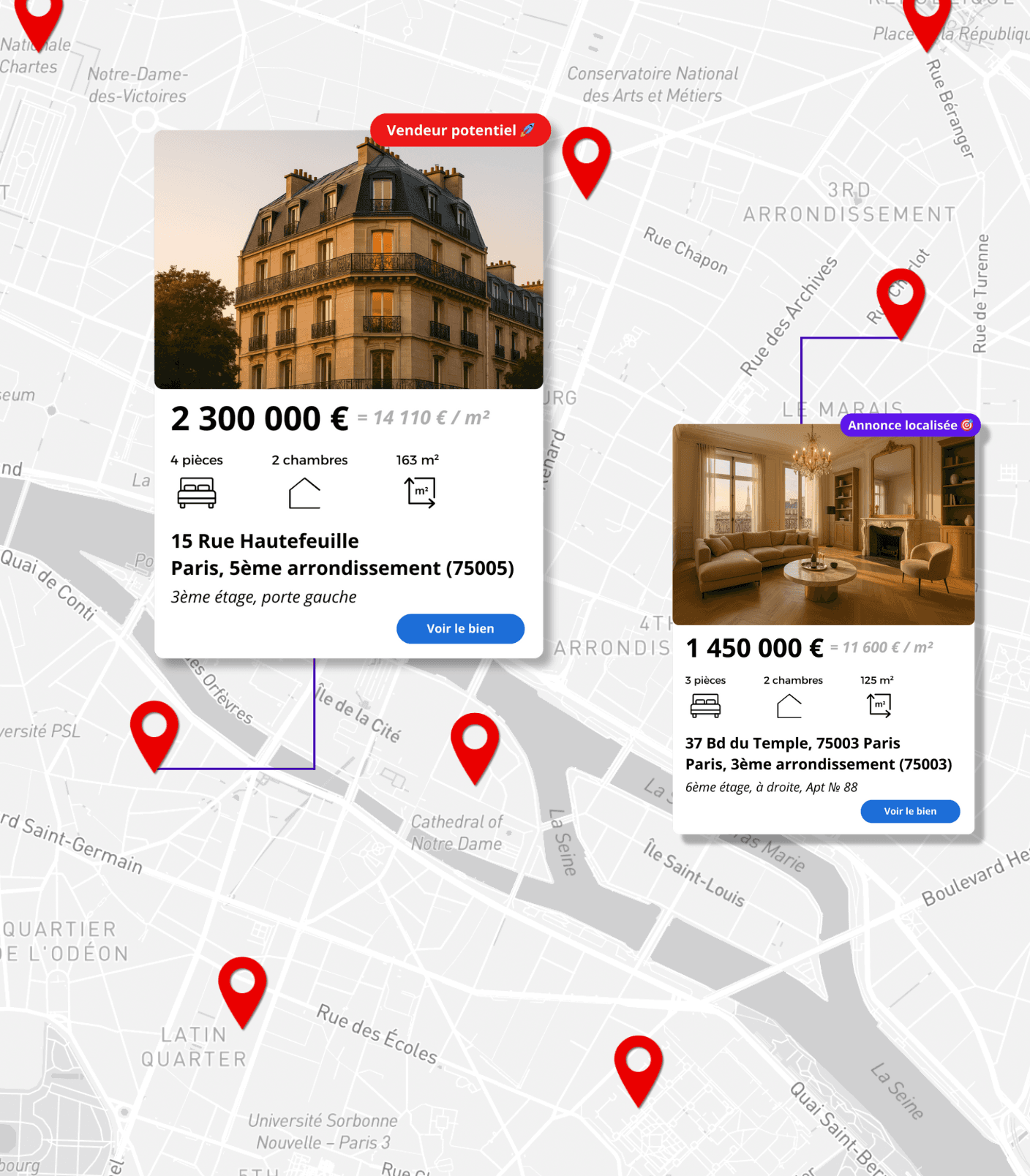 Carte de Paris avec biens localisés par Realtys